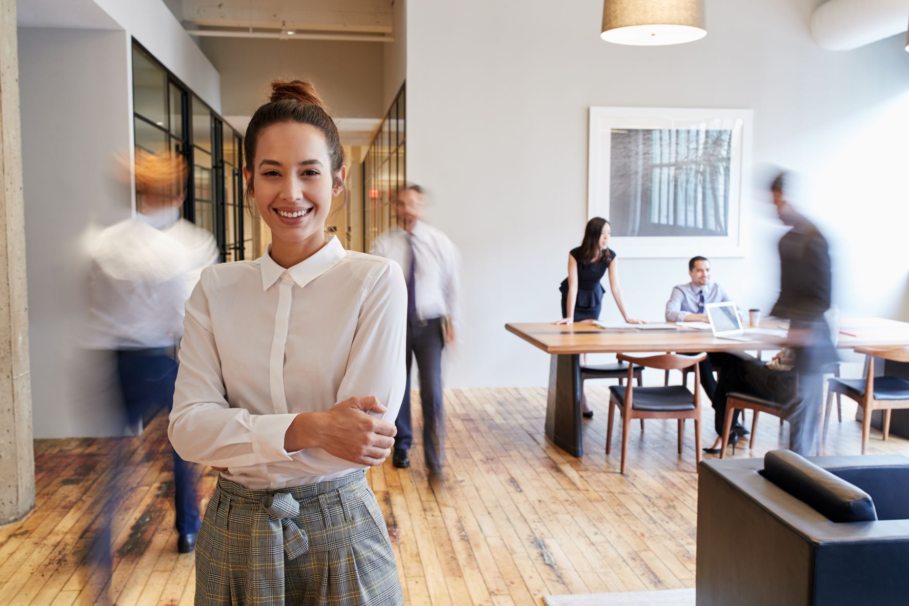 female smiling work space